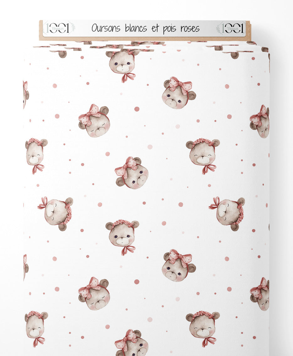 Tissu - Oursons blancs et pois roses