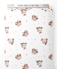 Tissu - Oursons blancs et pois roses