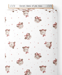 Tissu - Oursons blancs et pois roses