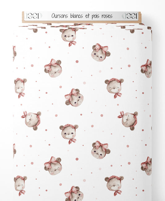 Tissu - Oursons blancs et pois roses