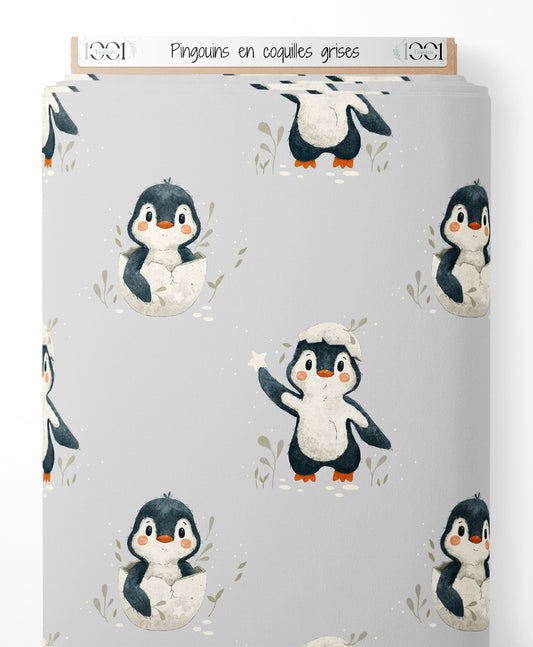 Tissu - Pingouins en coquilles grises