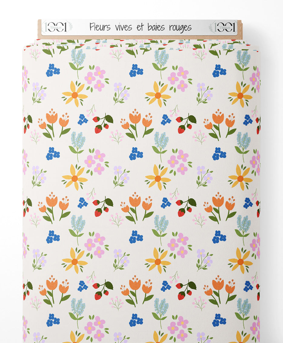 Tissu - Fleurs vives et baies rouges
