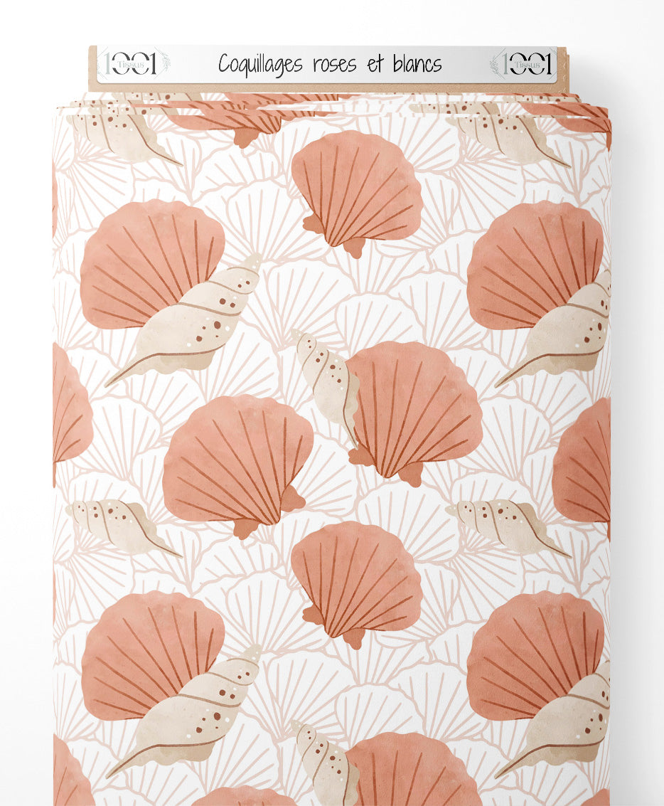 Tissu - Coquillages roses et blancs