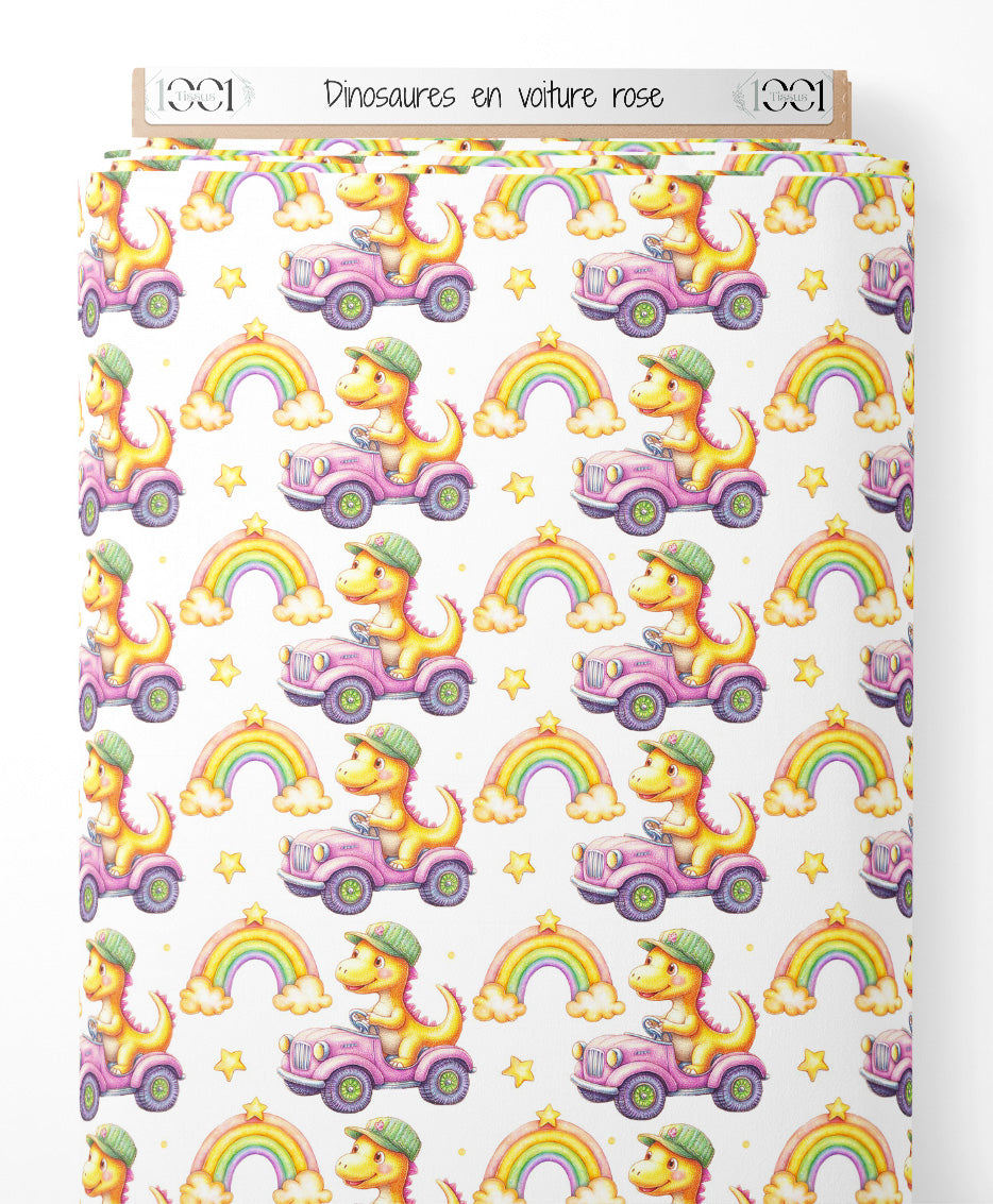Tissu - Dinosaures en voiture rose