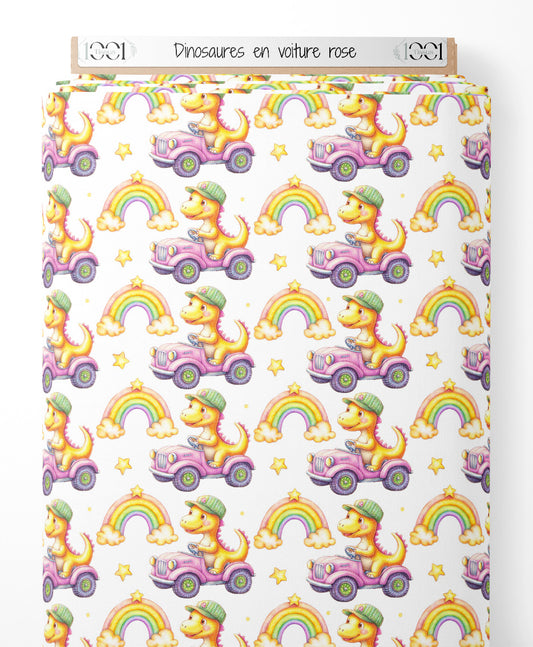 Tissu - Dinosaures en voiture rose