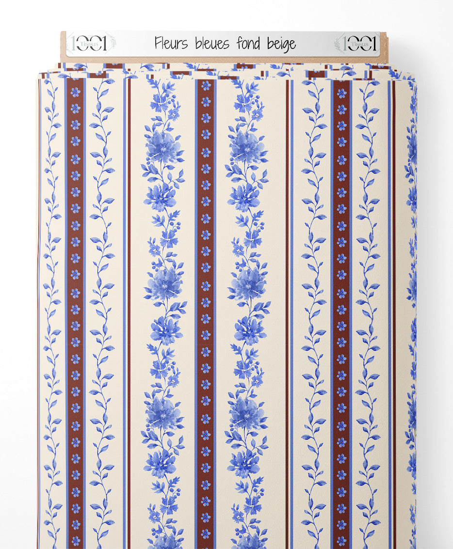 Tissu - Fleurs bleues sur fond beige