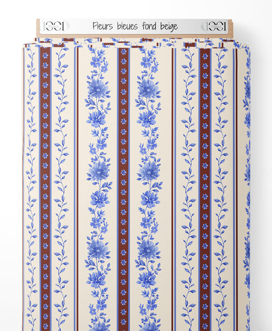 Tissu - Fleurs bleues sur fond beige