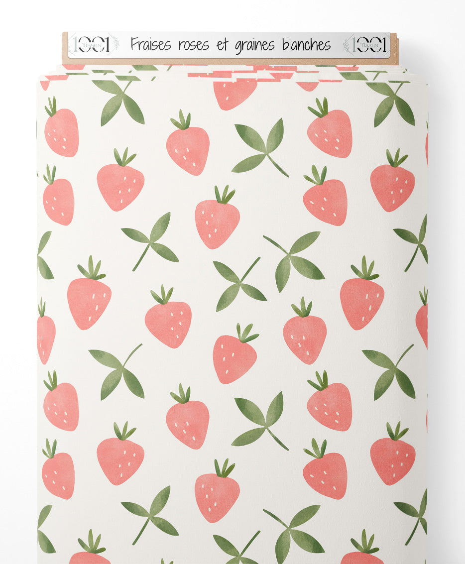 Tissu - Fraises roses et graines blanches