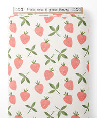 Tissu - Fraises roses et graines blanches