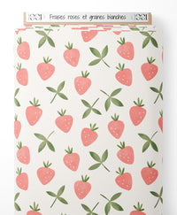 Tissu - Fraises roses et graines blanches