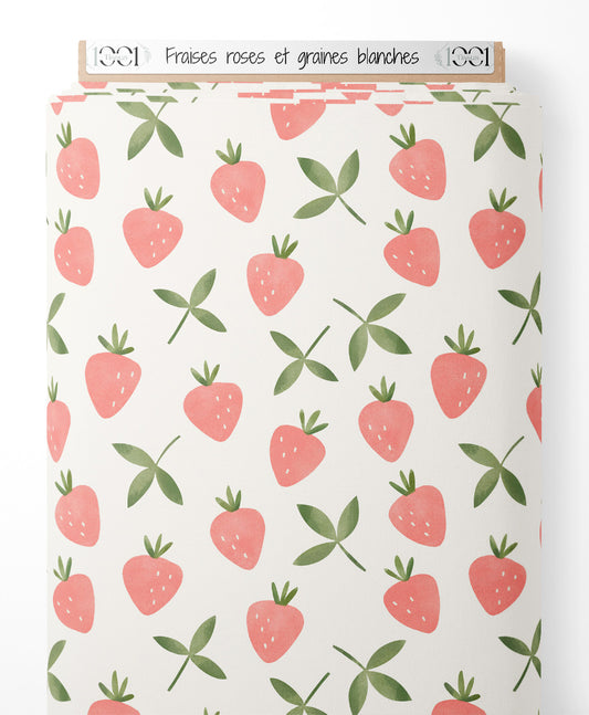 Tissu - Fraises roses et graines blanches