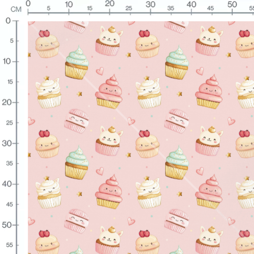 Tissu - Cupcakes kawaii sur fond rose