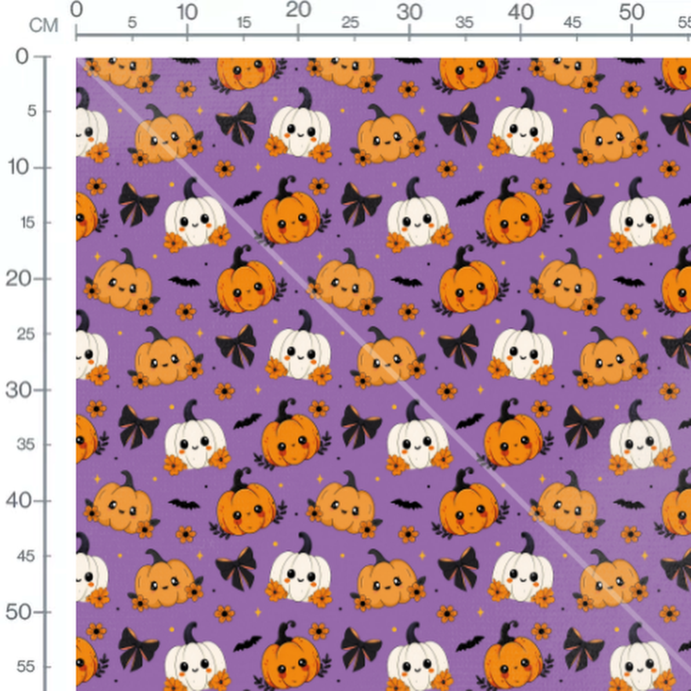 Tissu - Citrouilles kawaii sur fond violet