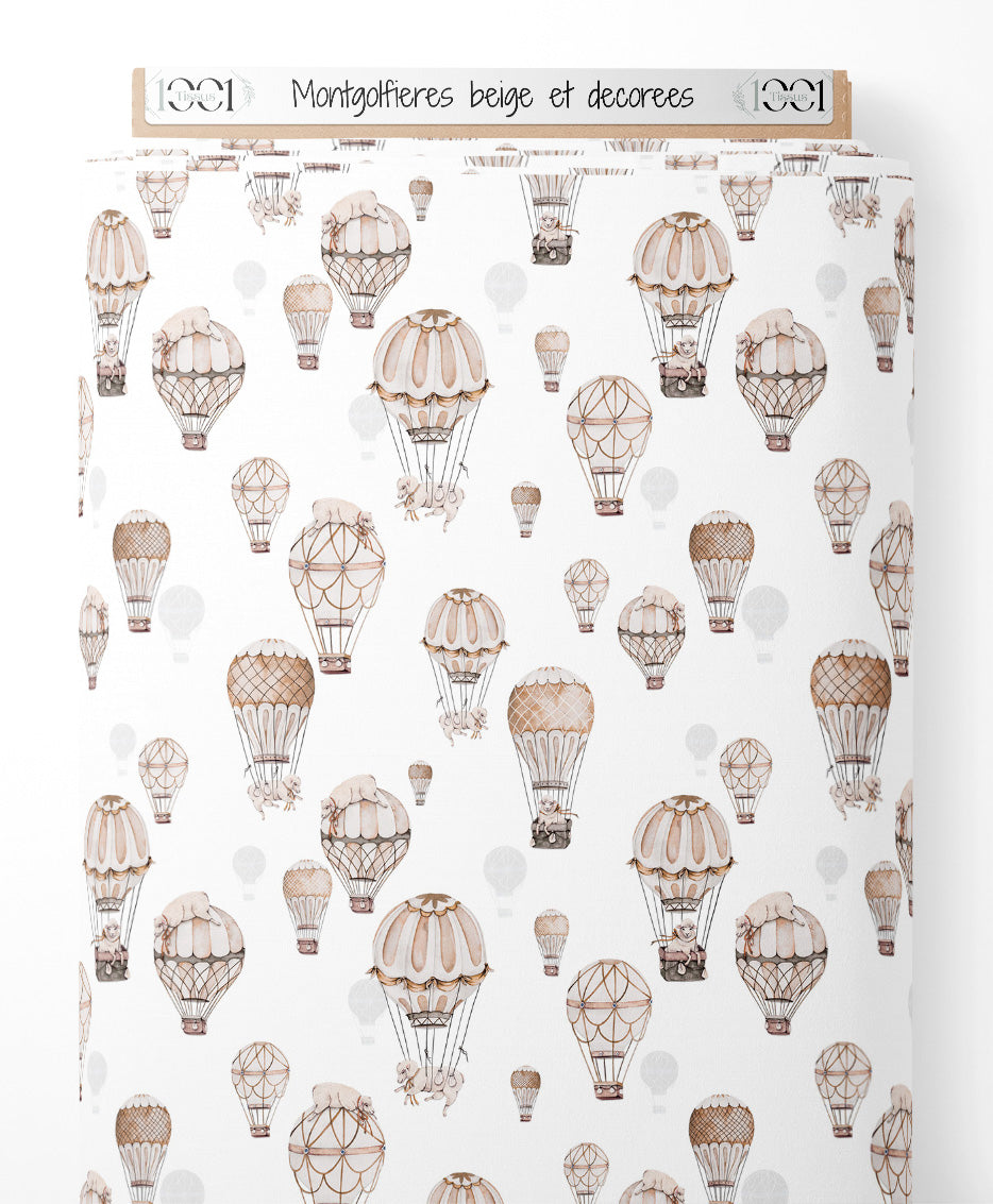 Tissu - Montgolfières beige et décorées