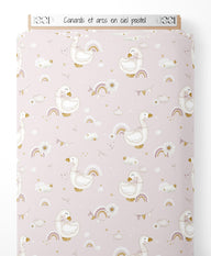 Tissu - Canards et arcs-en-ciel pastel