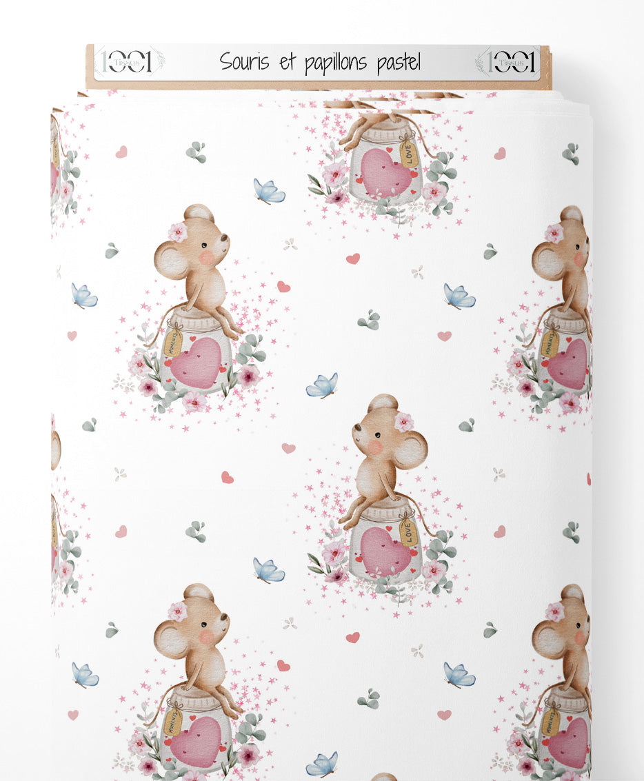 Tissu - Souris et papillons pastel
