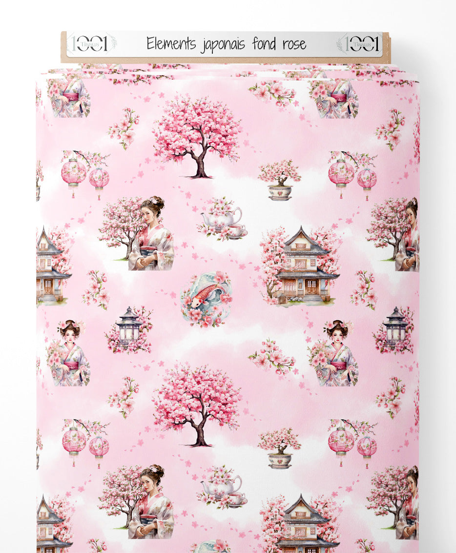 Tissu - Éléments japonais sur fond rose