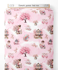 Tissu - Éléments japonais sur fond rose