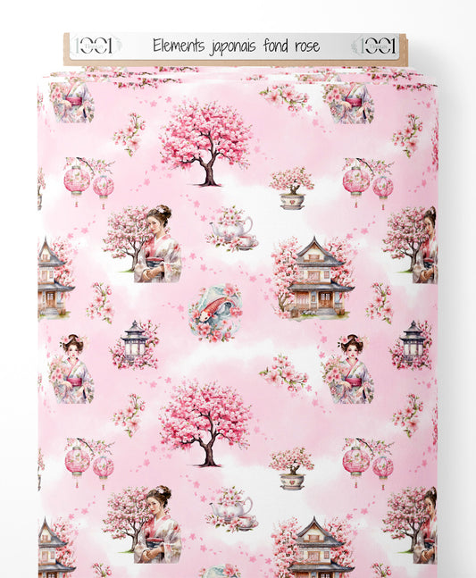 Tissu - Éléments japonais sur fond rose