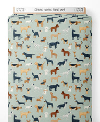 Tissu - Chiens variés sur fond vert