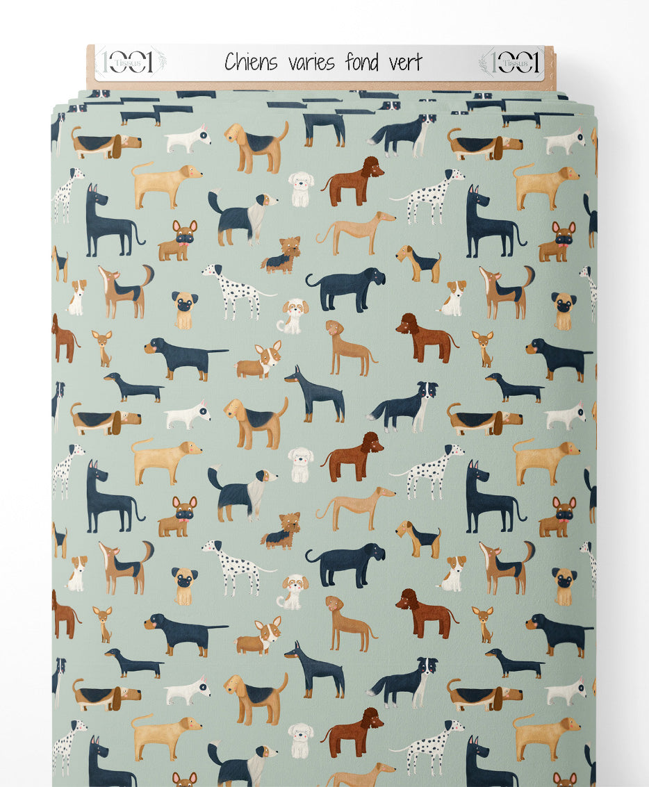 Tissu - Chiens variés sur fond vert