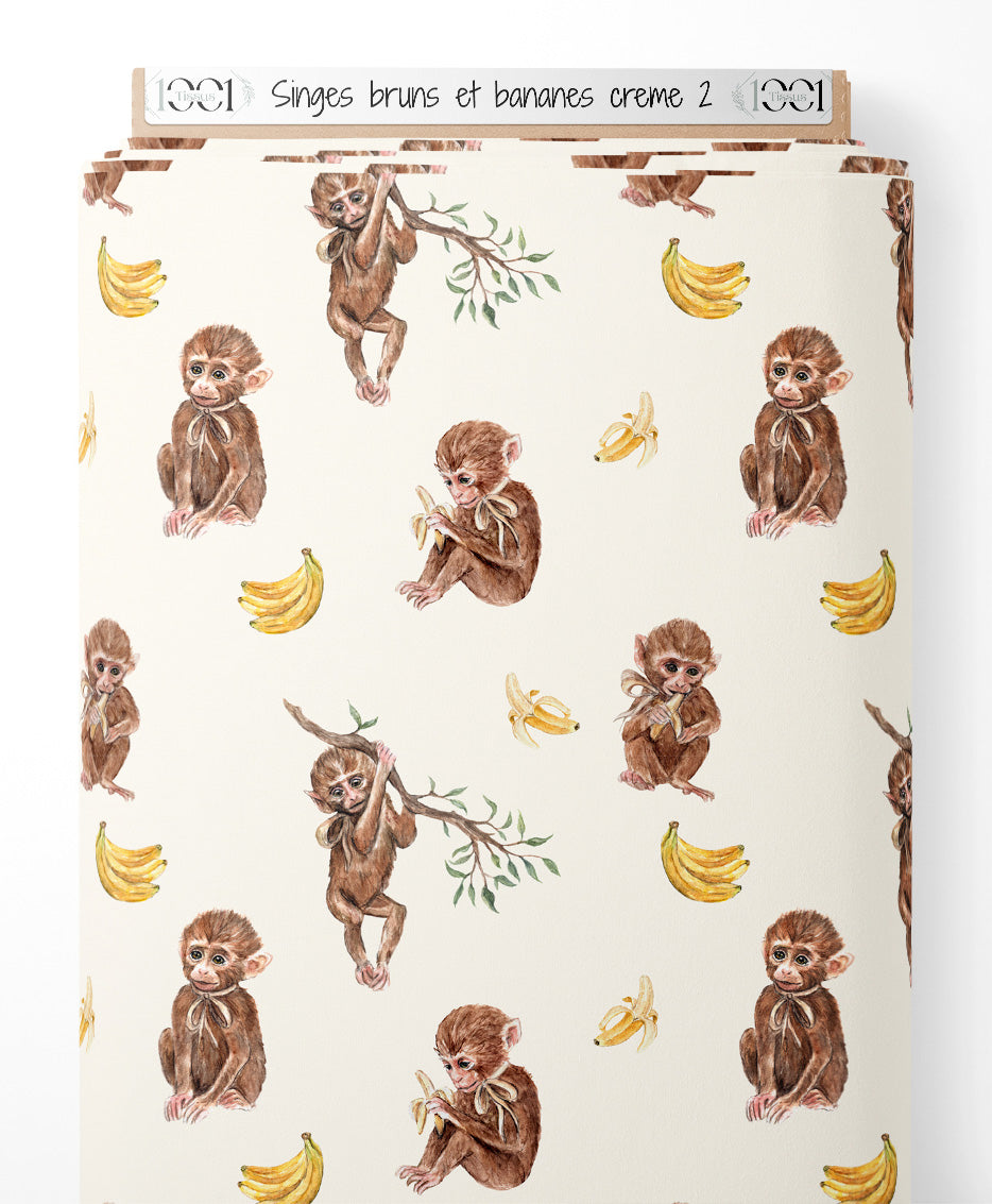 Tissu - Singes bruns et bananes crème 2