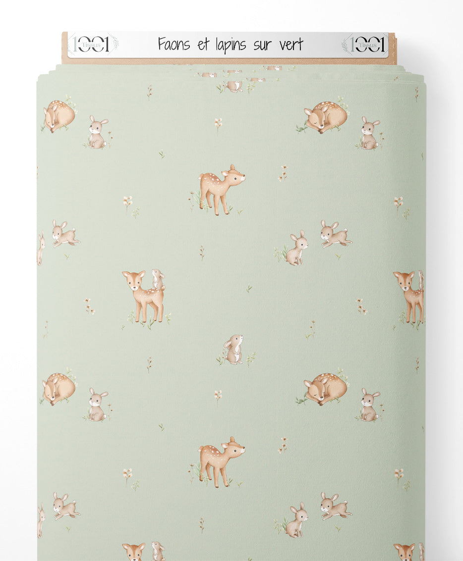 Tissu - Faons et lapins sur vert