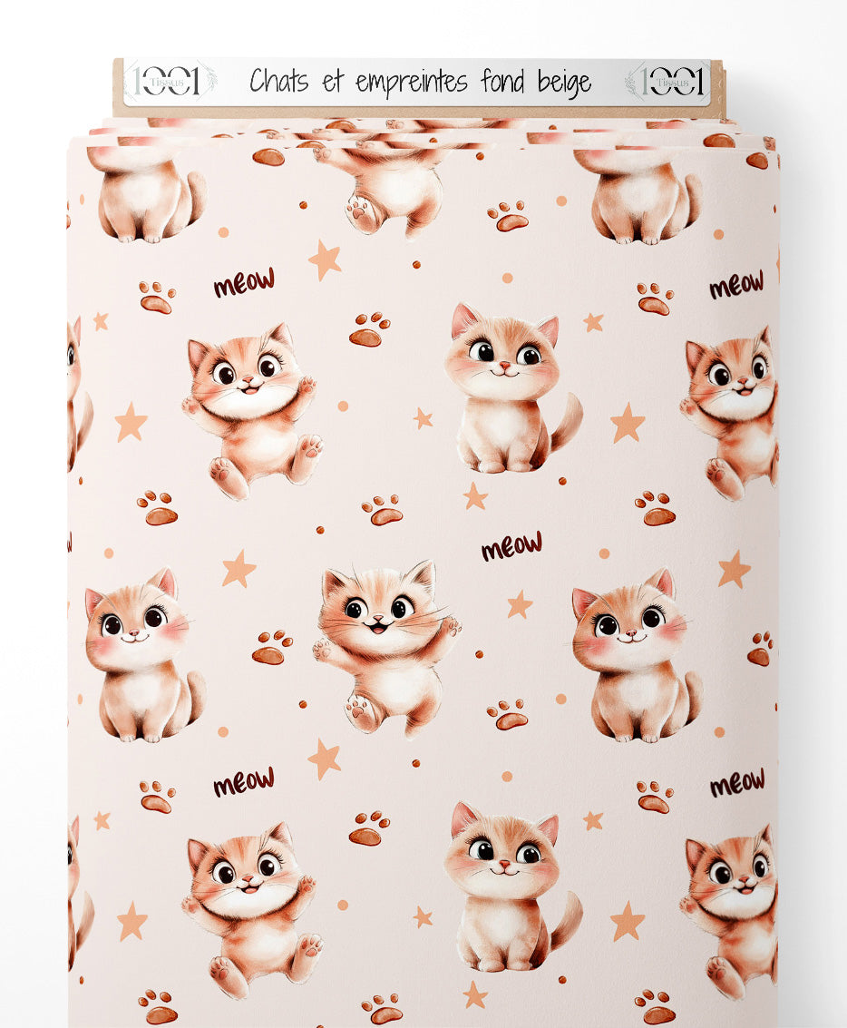 Tissu - Chats et empreintes sur fond beige