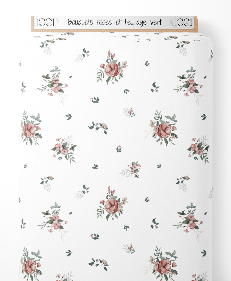Tissu - Bouquets roses et feuillage vert