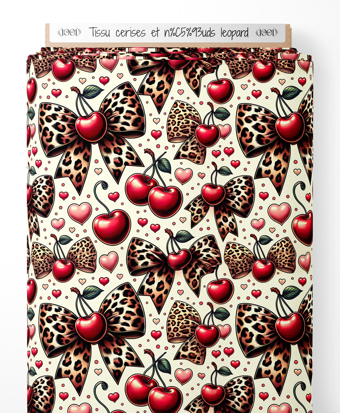 Tissu - cerises et nœuds leopard