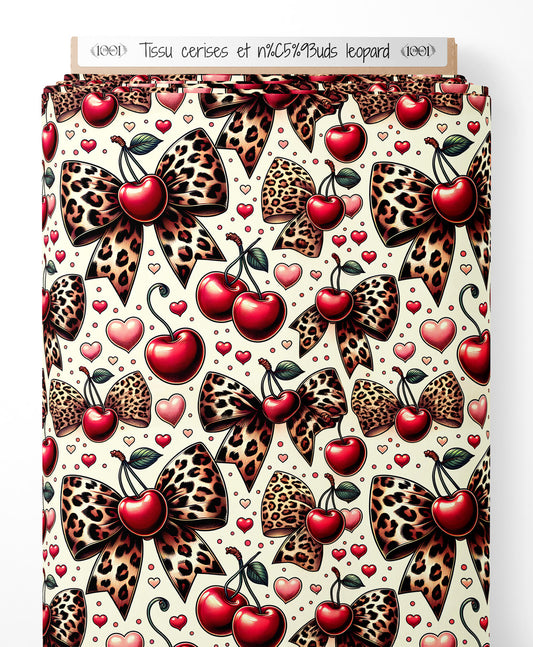 Tissu - cerises et nœuds leopard