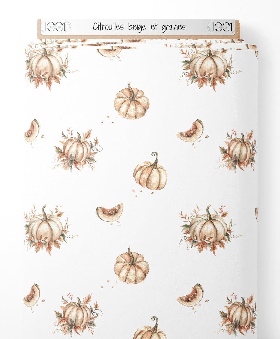 Tissu - Citrouilles beige et graines