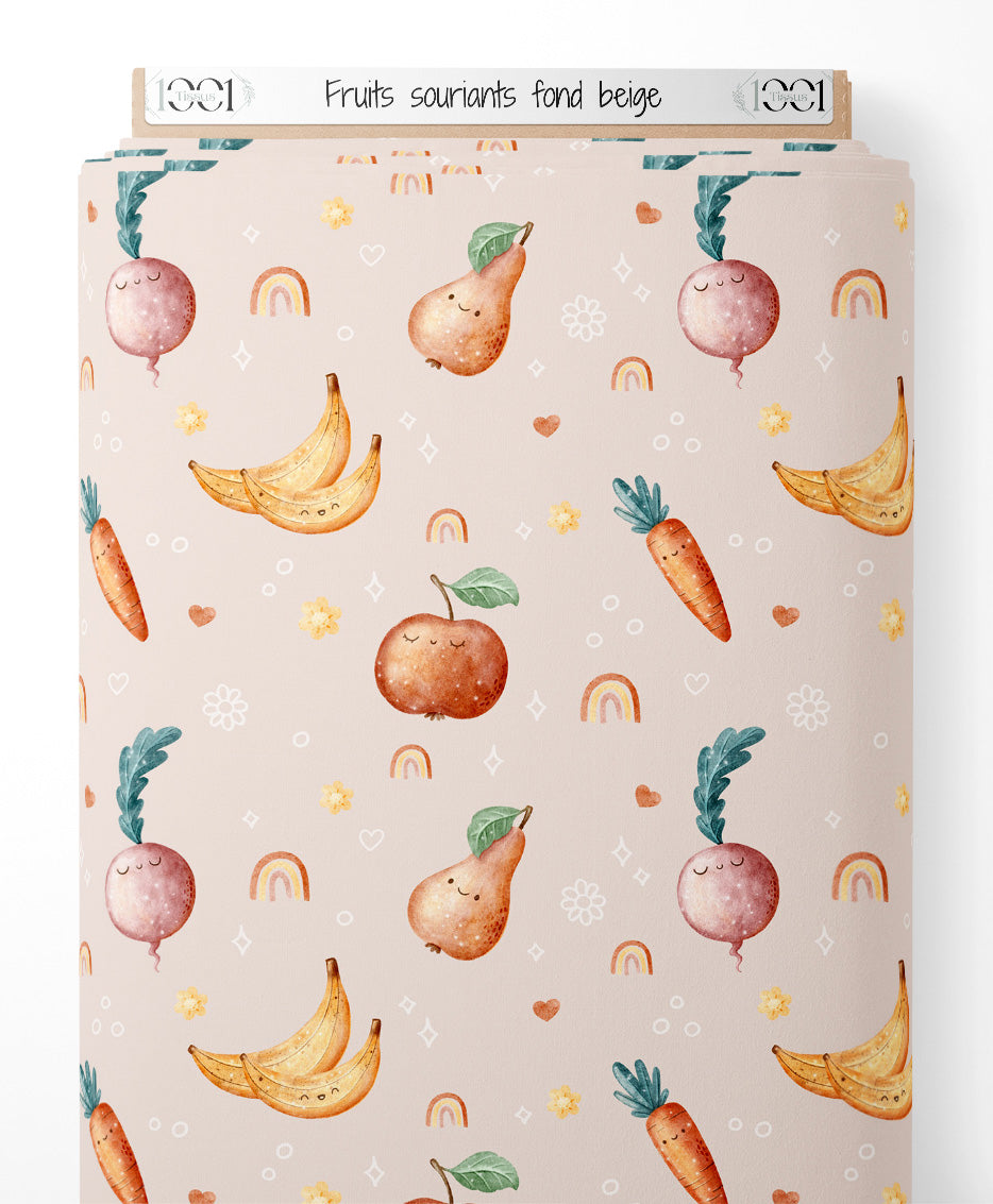 Tissu - Fruits souriants sur fond beige