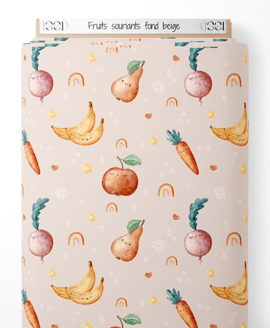 Tissu - Fruits souriants sur fond beige