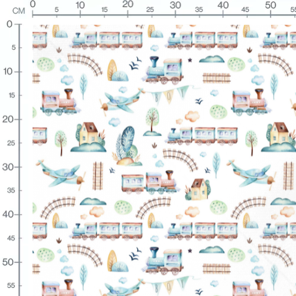 Tissu - Trains et avions aquarelle