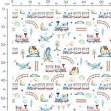 Tissu - Trains et avions aquarelle