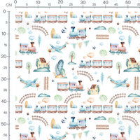 Tissu - Trains et avions aquarelle