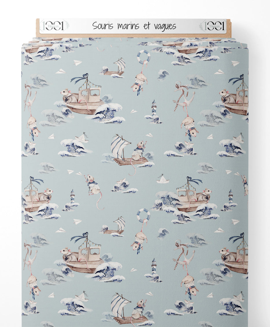 Tissu - Souris marins et vagues
