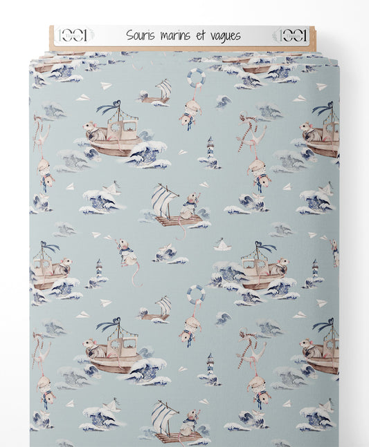 Tissu - Souris marins et vagues
