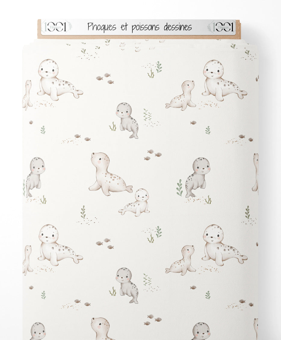 Tissu - Phoques et poissons dessinés