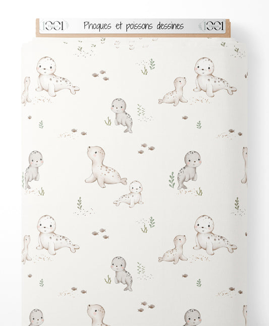 Tissu - Phoques et poissons dessinés