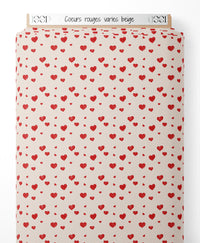Tissu - Cœurs rouges variés beige