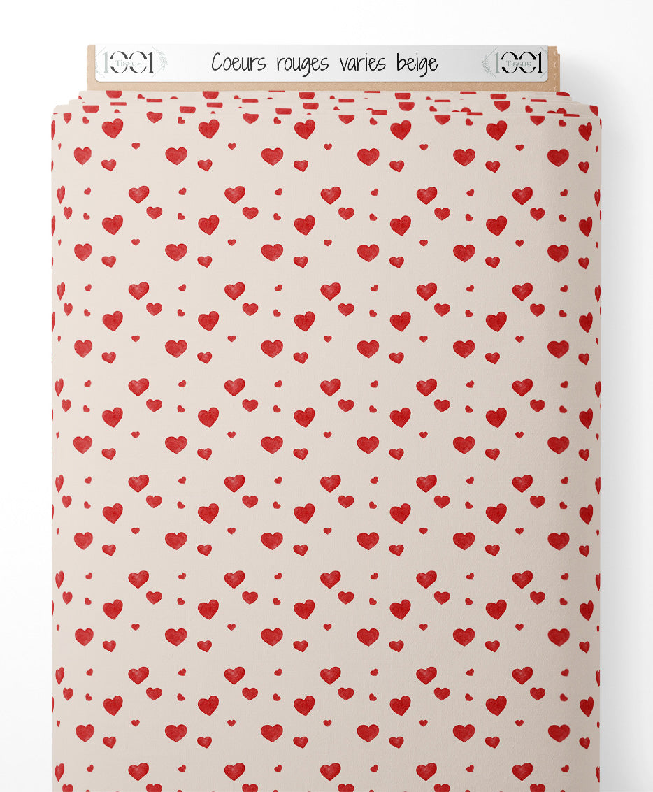 Tissu - Cœurs rouges variés beige