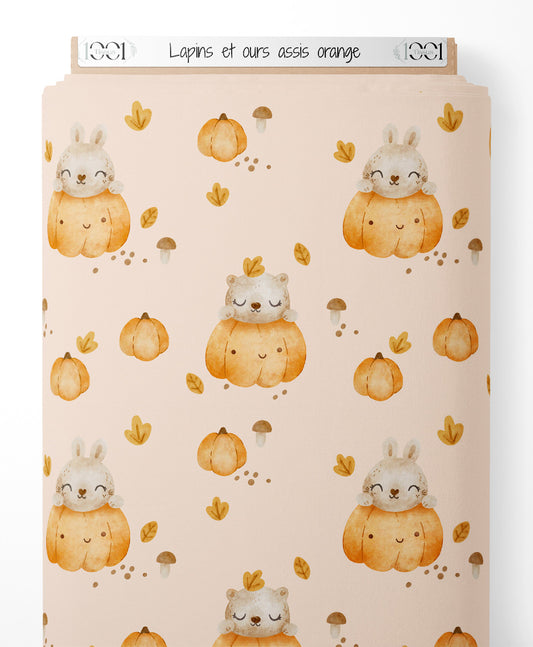 Tissu - Lapins et ours assis orange