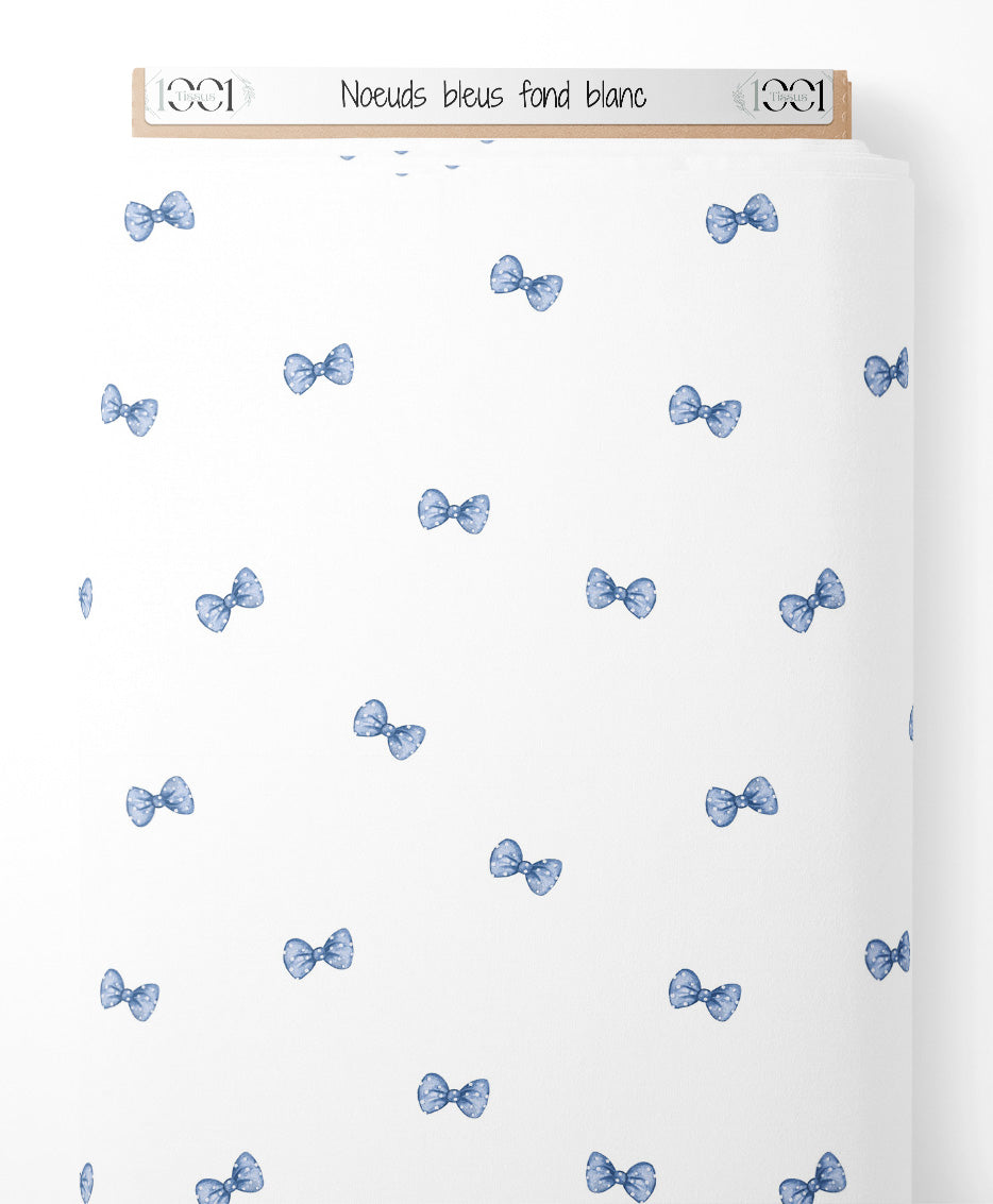 Tissu - Nœuds bleus sur fond blanc