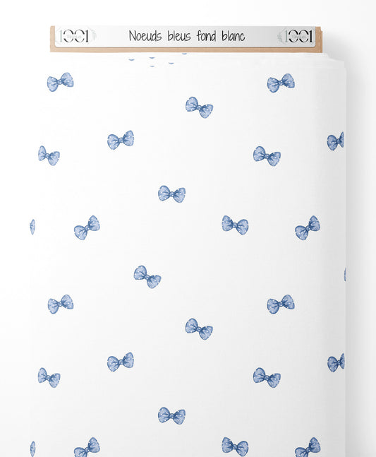 Tissu - Nœuds bleus sur fond blanc
