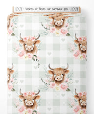 Tissu - Vaches et fleurs sur carreaux gris