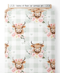 Tissu - Vaches et fleurs sur carreaux gris