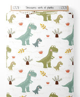 Tissu - Dinosaures verts et plantes