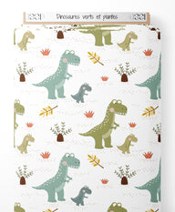 Tissu - Dinosaures verts et plantes